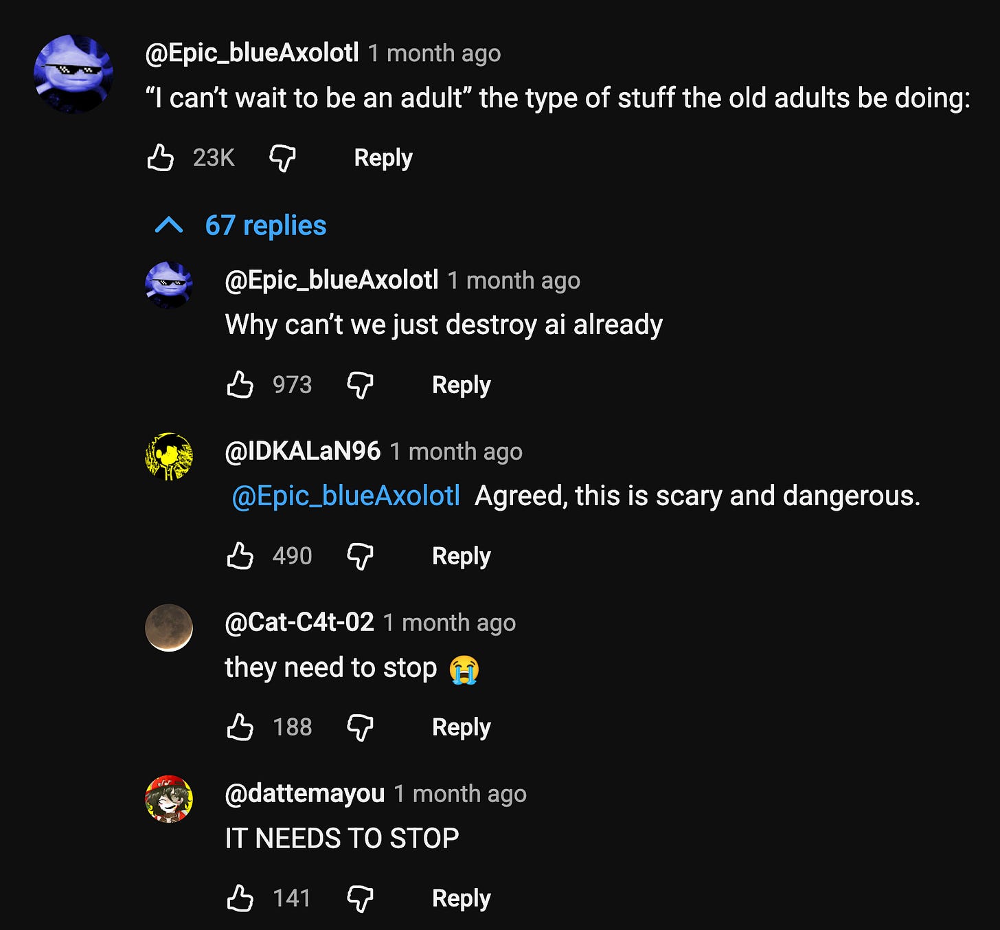 This is one of the most-liked comments and its replies on a recent Species Documenting AGI video. I’d guess that all of these commenters are children.