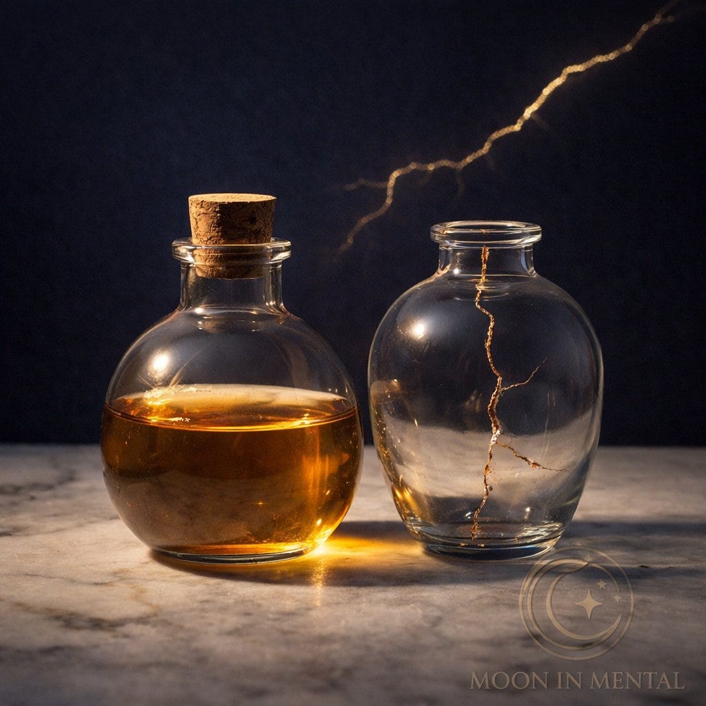 MoonInMental aromatherapy image for Mercury retrograde week February 2026. Two glass vessels on marble, one golden and one kintsugi-cracked, with lightning against navy sky representing expansion meeting precision.