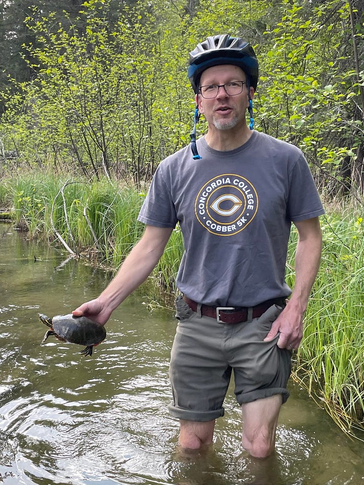 In the first photo, a middle-aged man standing in a river nonchalantly holds a turtle. In the second photo, a middle-aged woman holds the same turtle and smiles apprehensively.