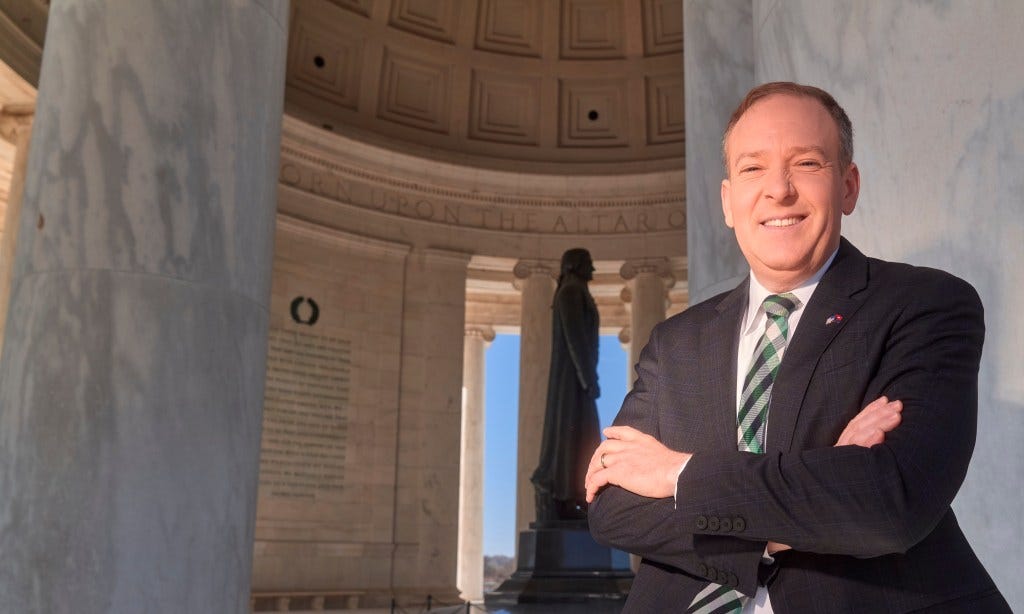 EPA Administrator Lee Zeldin in a suit and tie, standing in front of the Jefferson Memorial