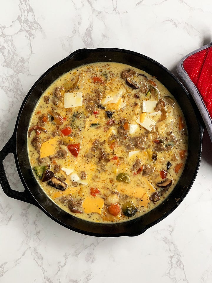 Frittata in a cast iron pan before and after cooking.