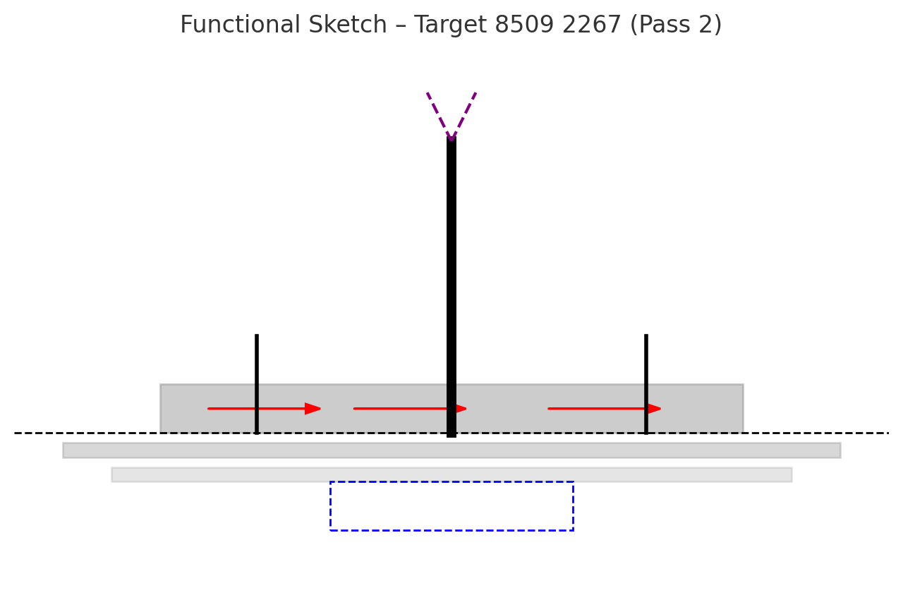 A tall vertical black tower rises from a wide grey rectangular base with horizontal extensions. Two thin black posts stand to the left and right of the main structure. Red arrows across the platform show people moving in straight paths. A blue dashed rectangle below indicates a subsurface chamber. Purple dashed lines above the tower mark faint energy pulses radiating outward.