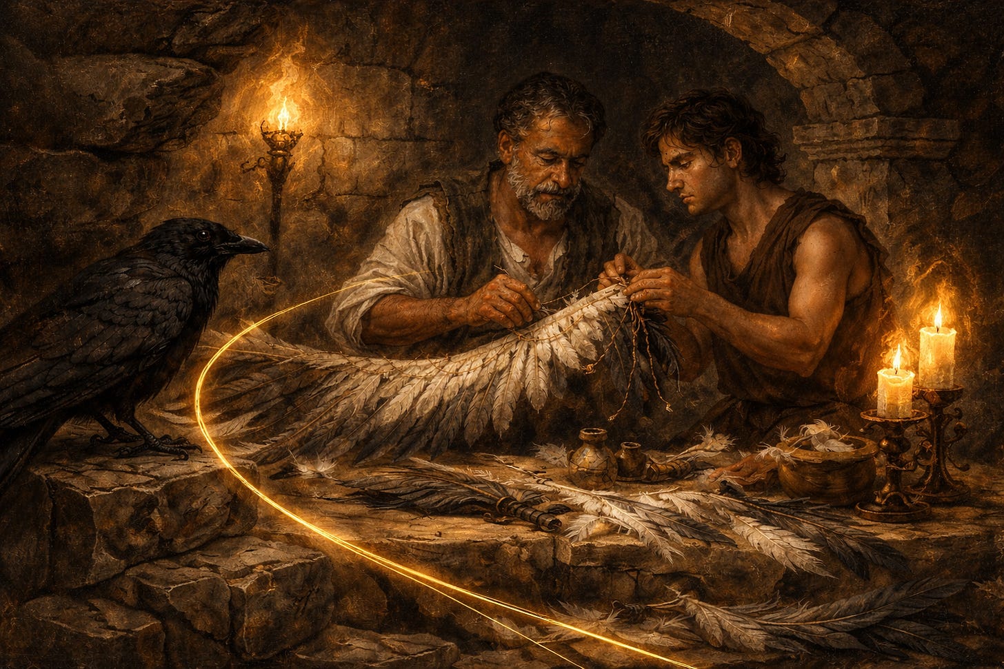 An oil-style painting shows an older man and a younger man crafting feathered wings at a stone workbench while a black raven watches. A thin golden thread curves across the table under warm candlelight.