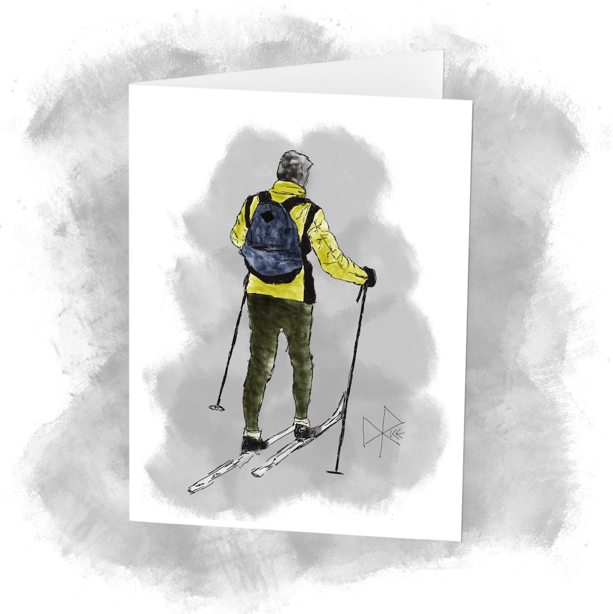 A skier, seen from the back, kicking and gliding down the trail. A small backpack holds the treasures of gear and food for the (soon to come) rest and lunch break. Sketch art by Don Rice. A skier, seen from the back, kicking and gliding down the trail. A small backpack holds the treasures of gear and food for the (soon to come) rest and lunch break. Sketch art by Don Rice.