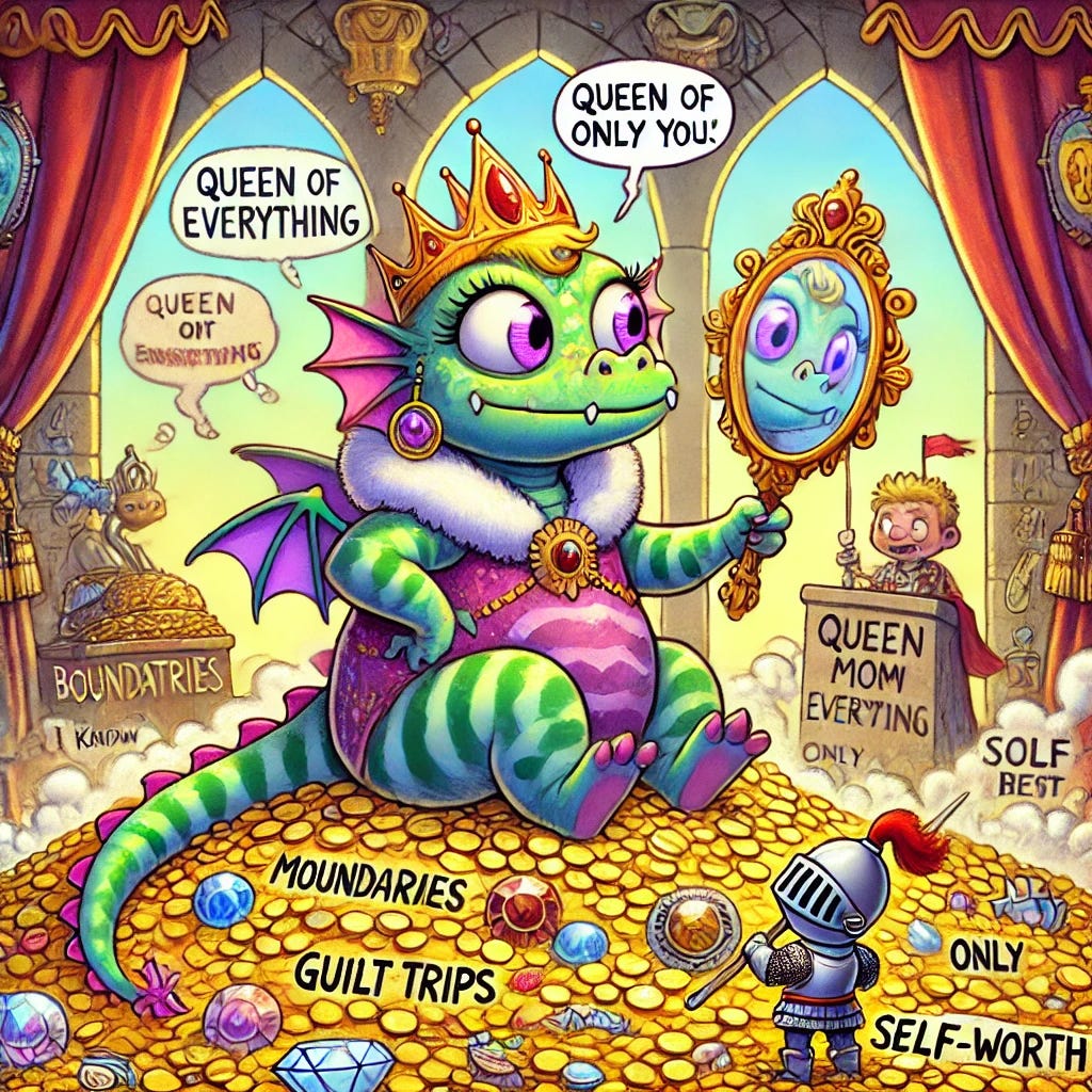 A whimsical and humorous cartoon-style illustration of a narcissistic mommy dragon sitting on a hoard of glittering gold and jewels, wearing a tiny crown and holding a mirror that reflects only her. The dragon has subtle features of manipulation, such as sly eyes and a smug grin, while exhaling a cloud of smoke shaped like guilt trips and passive-aggressive comments. In the background, a brave knight (representing the child) stands with a glowing shield labeled 'Boundaries' and a sword labeled 'Self-Worth.' The setting is a colorful, over-the-top dragon's lair filled with exaggerated treasure and signs that say things like 'Queen of Everything' and 'Only I Know Best.' The tone is playful, silly, and satirical, emphasizing the absurdity of the narcissist mommy dragon's antics.
