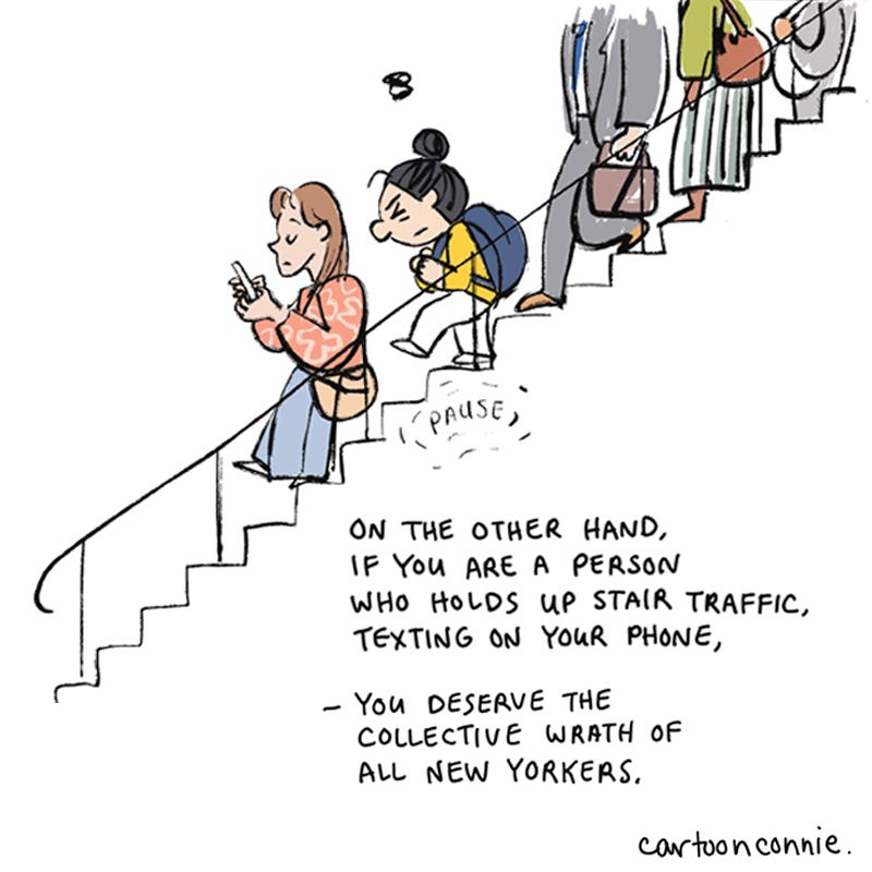 6 of 6. Illustrated panel from a 2-page diary comic about New York City walking etiquette and a brief exchange with a man at a subway station. Titled "City Diary," June 2026, by Connie Sun, published on blog.cartoonconnie.com