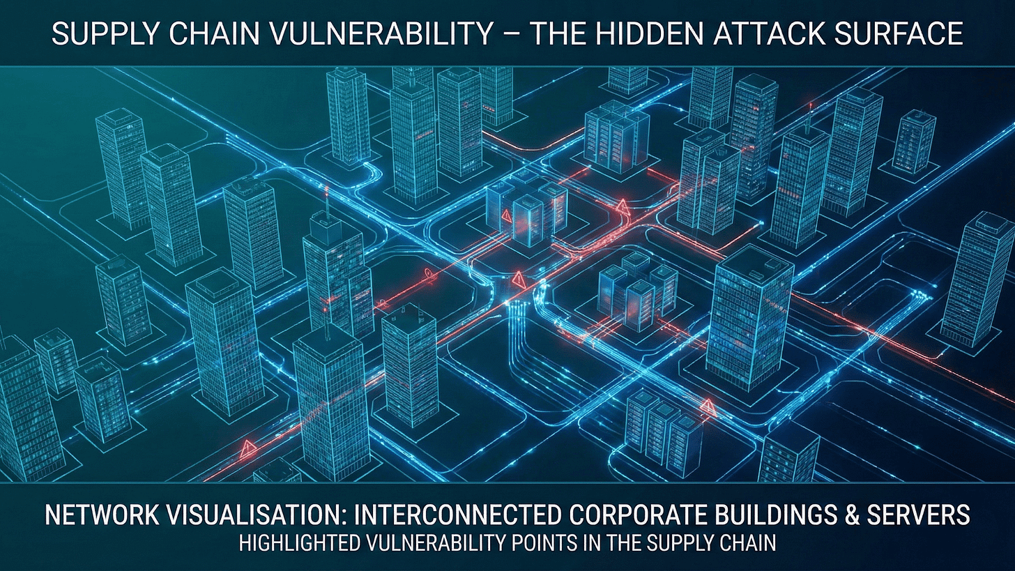 Network visualisation showing interconnected corporate buildings and servers with highlighted vulnerability points in the supply chain