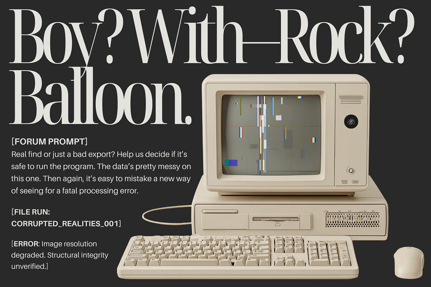 Graphic layout featuring a vintage cream-colored desktop computer and keyboard against a dark gray background. The monitor screen displays a distorted, glitching vertical line pattern. Large serif header text reads: "Boy? With—Rock? Balloon." On-screen technical text includes a "[FORUM PROMPT]" asking users to decide if the data is a real find or a bad export, alongside a file path "[FILE RUN: CORRUPTED_REALITIES_001]" and an image resolution error message. Part of the Drawing Conclusions series at The Subtext Review.