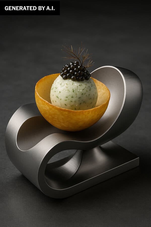 An image of caviar on an orb inside a think golden cup, all resting on a silvery pedestal that looks like a bent spoon rest.