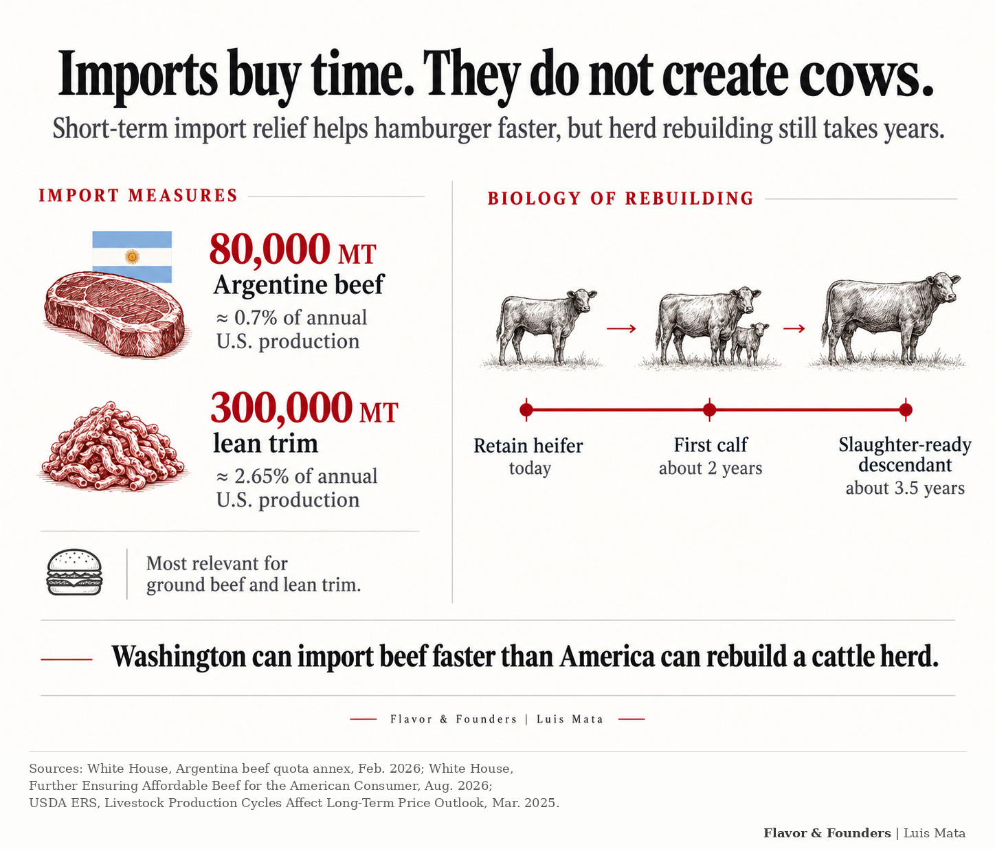 Infographic comparing short-term beef imports with the multi-year cattle herd rebuilding cycle Infographic comparing short-term beef imports with the multi-year cattle herd rebuilding cycle