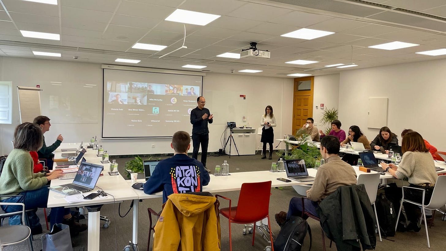 A series of images including a screenshot of a Zoom presentation. People sitting around tables looking at a big screen.
