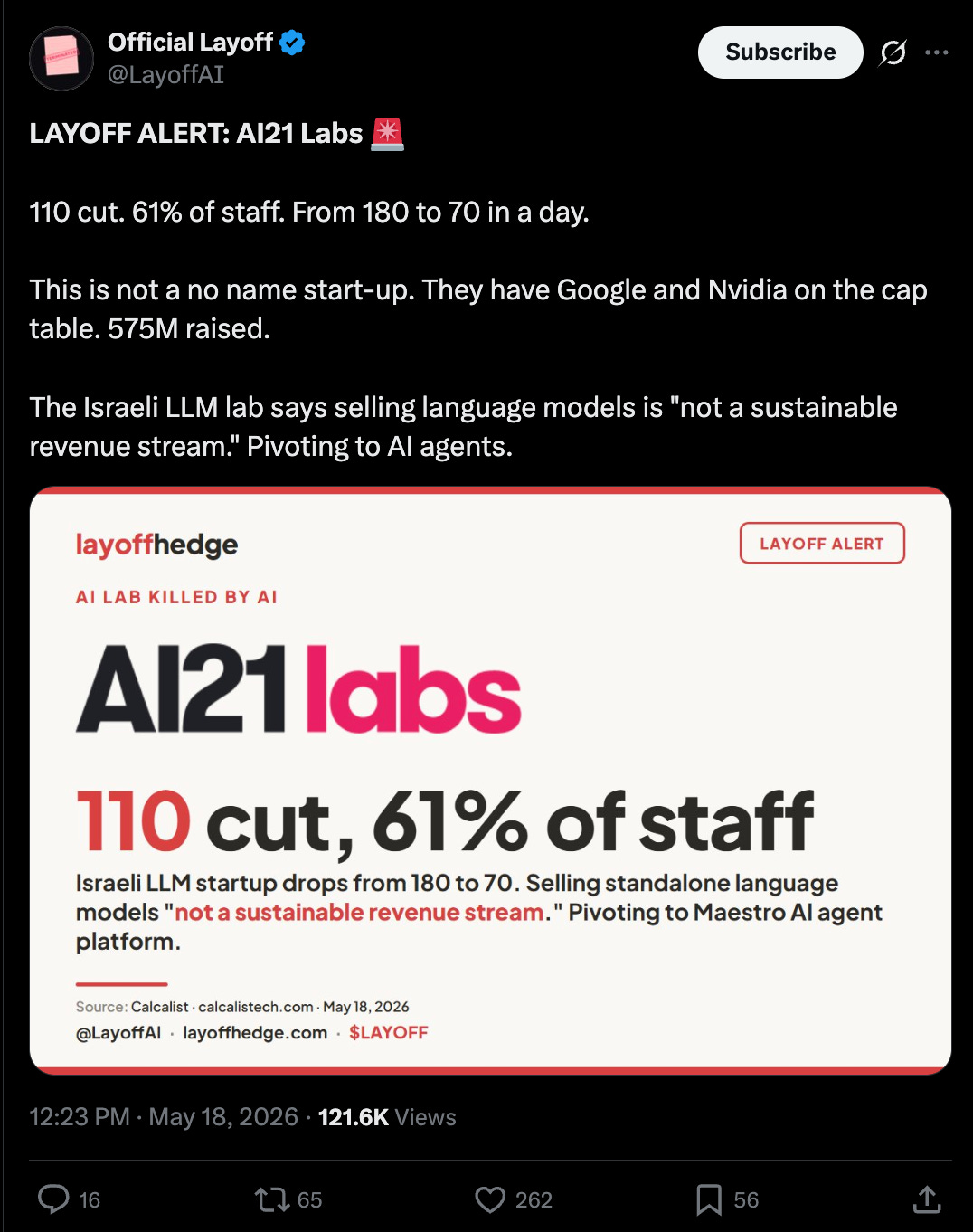 Anuncio del cierre del equipo de modelos de AI21 con pivot hacia agentes