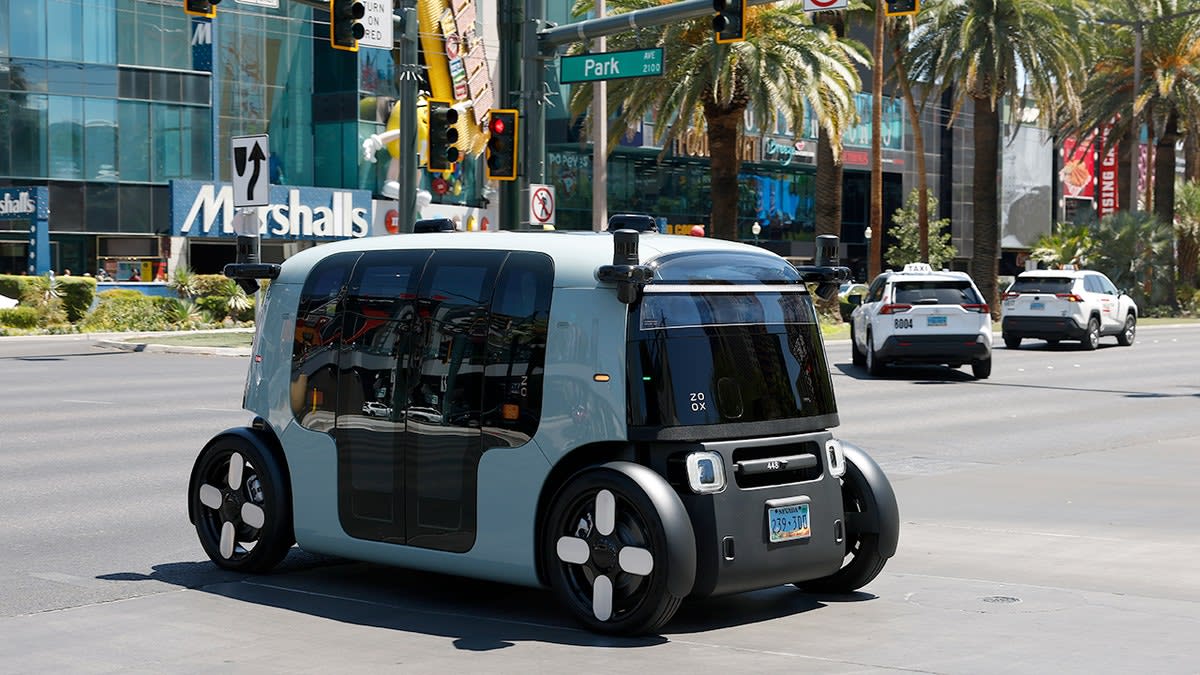 An Amazon Zoox driverless robotaxi drives on the Las Vegas Strip on August 07, 2025 in Las Vegas, Nevada.