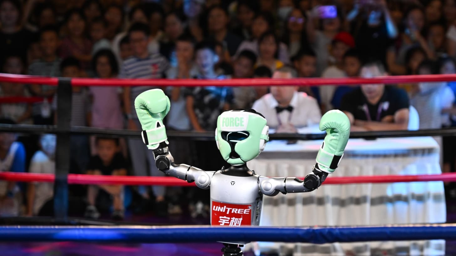 Humanoid robot from Unitree Robotics after a boxing match during the World Smart Industry Expo 2025 at Chongqing International Expo Center in Chongqing, China on September 7, 2025. (Photo by He Penglei/China News Service/VCG via Getty Images)