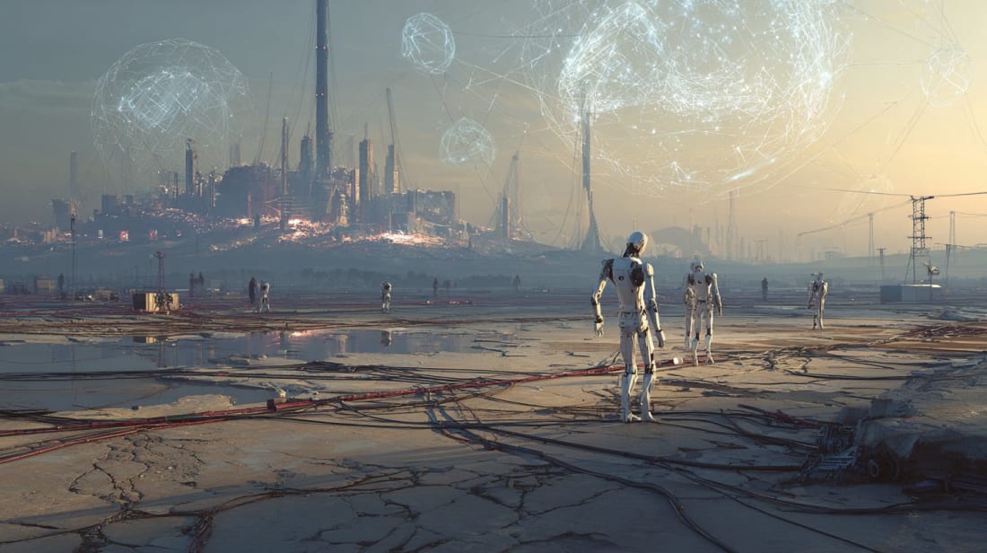A cinematic split scene showing a failing AI megafactory on one side and emerging humanoid robots on the other, symbolizing the divide between collapsing digital AI and rising physical AI.