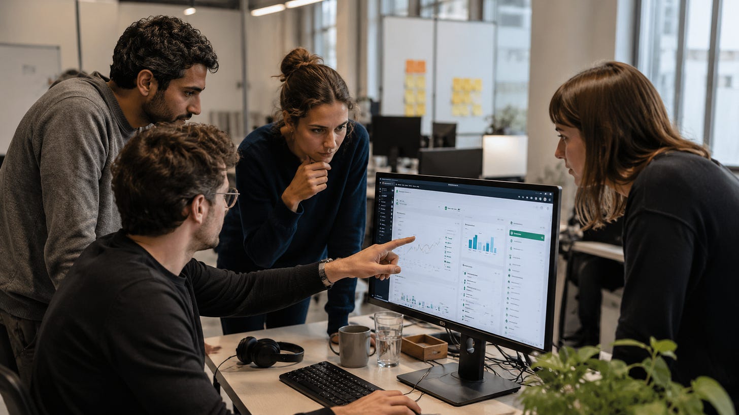 Small GTM team collaborating around a live performance dashboard during a working session.