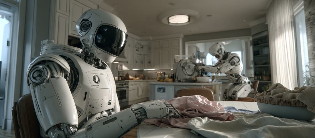 Humanoid service robots performing household tasks, including sewing fabric and preparing food, inside a modern kitchen.