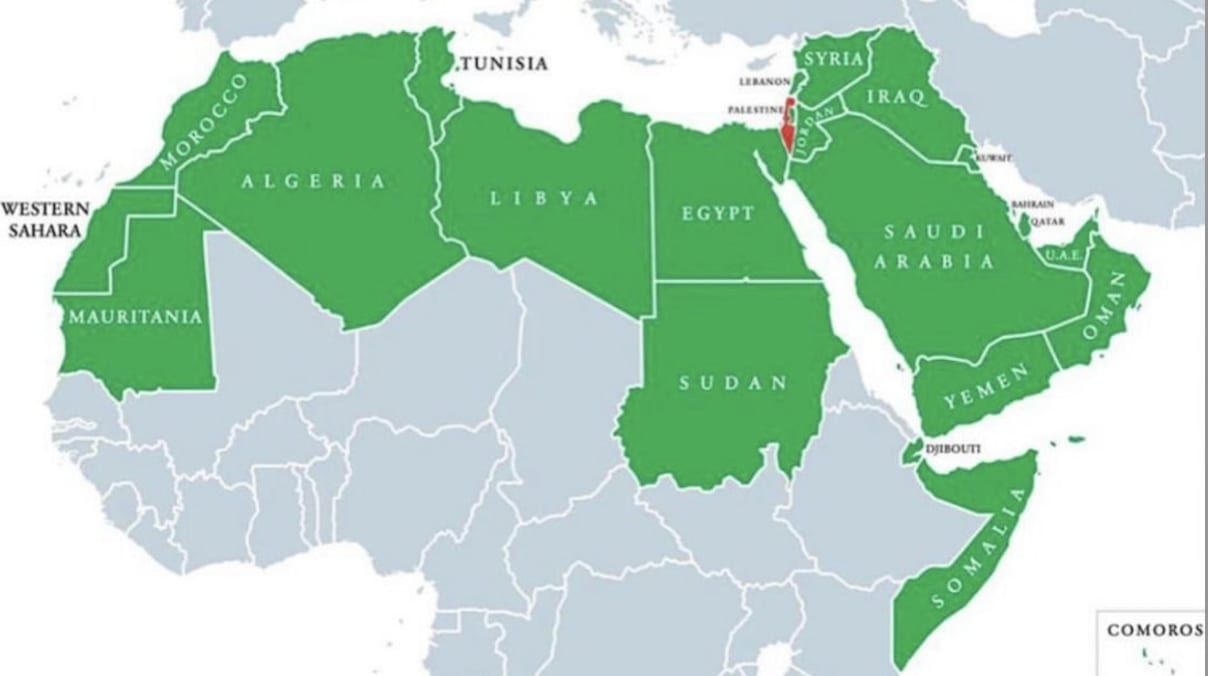 Map showing Arab League member states highlighted in green across North Africa and Middle East.