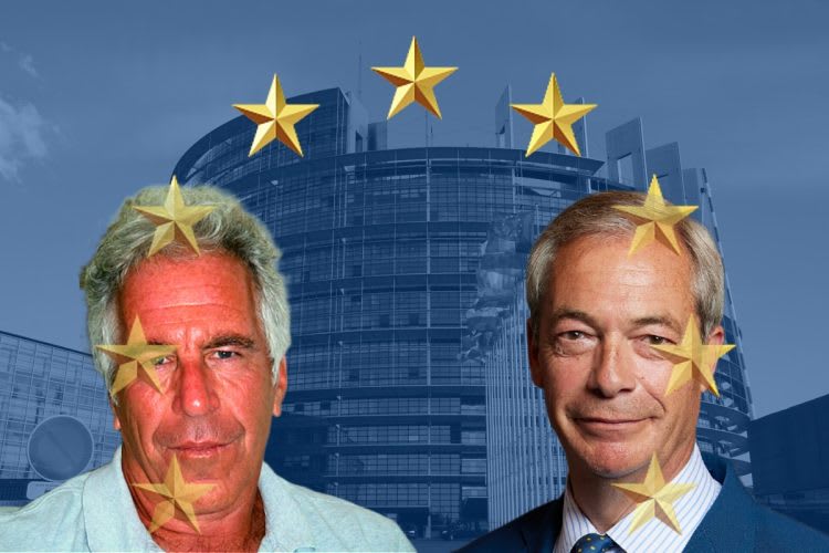 Montage of Jeffrey Epstein and Nigel Farage superimposed onto the EU Parliament and EU flag