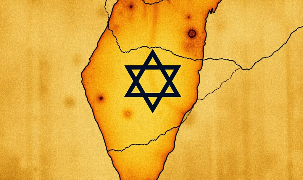 Map of Israel highlighted in golden tones with the Star of David centered, symbolizing the nation’s divine covenant and enduring identity.