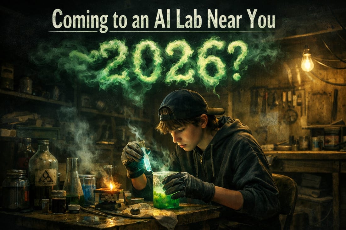 A dark and unsettling 16:9 illustration showing a teenage boy secretly mixing glowing chemicals in a grimy garage. Above him, the words “Coming to an AI Lab Near You” appear, with “2026?” written in eerie green vapor that resembles biological smoke. The scene implies rising dangers from AI powered biological threats.