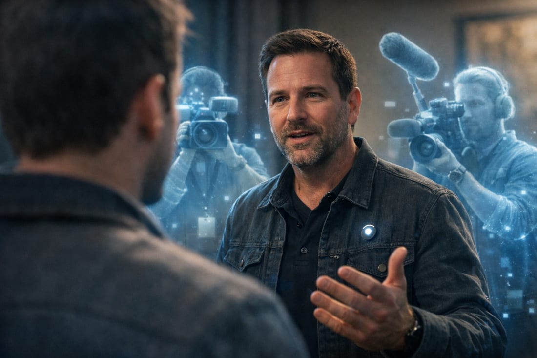 A man wearing an AI pin on his jacket speaks to another person whose back is visible in the foreground. Ghostlike holographic reporters with cameras and microphones surround the scene, filming the conversation without the listener’s awareness.