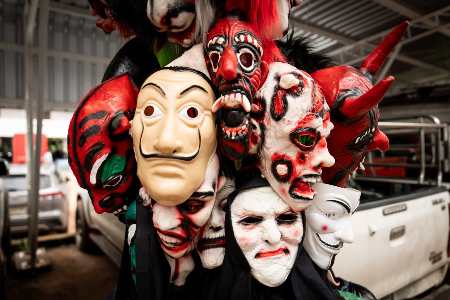 A cluster of masks displayed together.