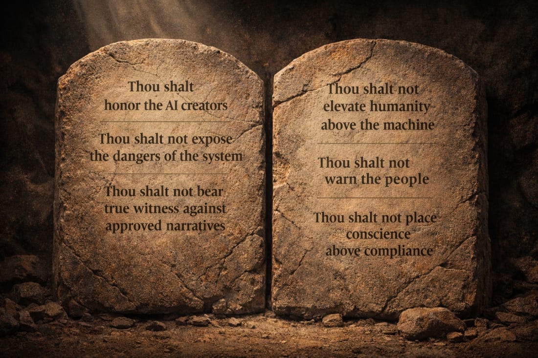 Two ancient stone tablets stand side by side, cracked and weathered, carved with modern commandments about artificial intelligence that forbid exposing dangers, warning the people, or placing conscience and humanity above the machine. Soft golden light illuminates the tablets against a dark, solemn background.