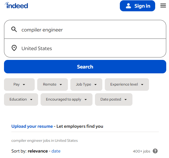 screenshot from Indeed.com showing that "compiler engineer" yields 400+ job results