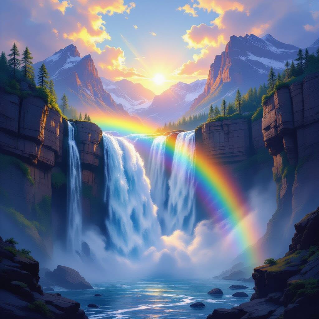 A magnificent, multi-tiered waterfall cascading down the face of a complex, crystalline mountain. The morning sun strike… A magnificent, multi-tiered waterfall cascading down the face of a complex, crystalline mountain. The morning sun strike…