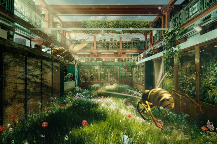 A CGI of wasps flying through the Grant Museum, which has been taken over by plants and grass