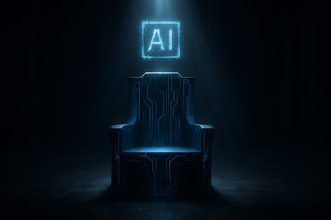 A glowing throne made of circuitry and holographic light sits in a dark room with an AI symbol floating above it like a crown.