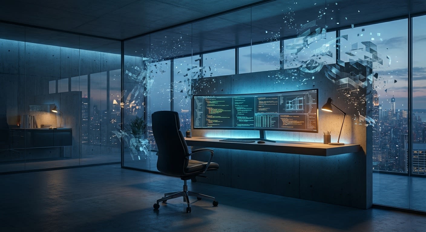 Office with minimal design being disintegrated by AI