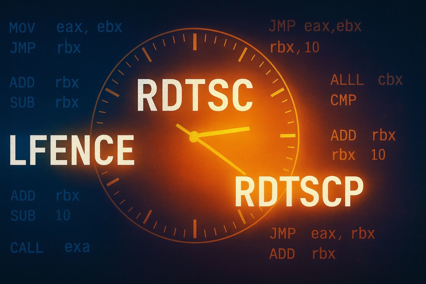 Cover image: Depicting rdtsc, lfence and rdtscp instruction with a backdrop of a clock