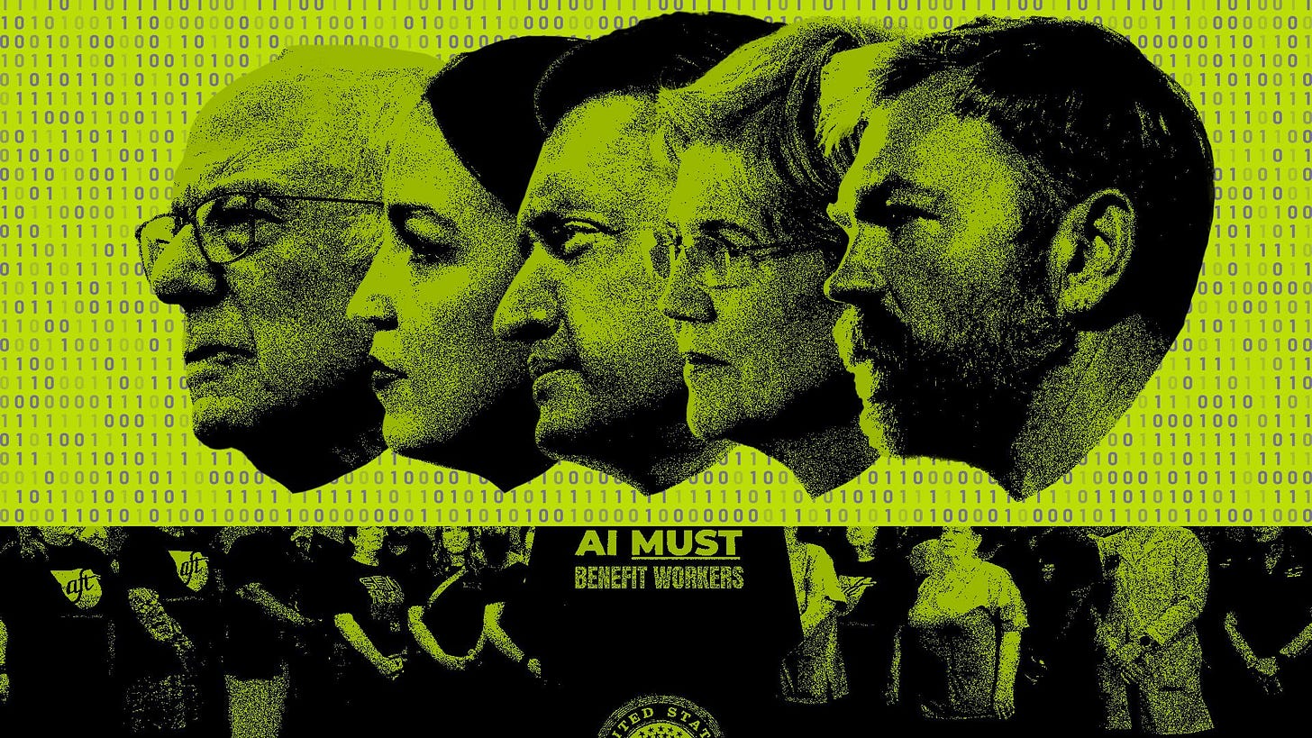 Photo illustrated collage of Bernie Sanders, AOC, Ro Khanna, Elizabeth Warren and Graham Platner stylized over a group of people standing behind a sign that reads 