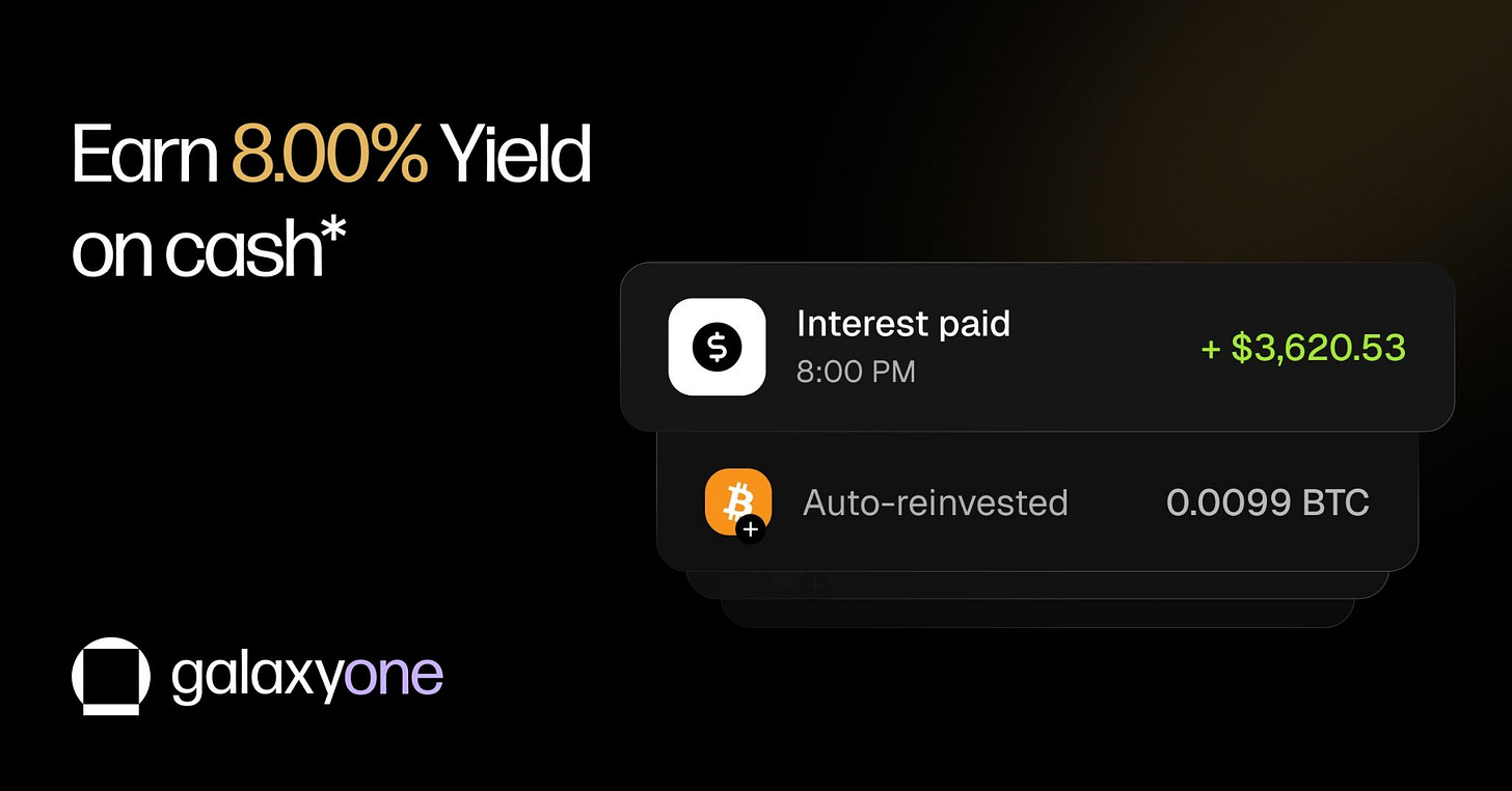 GalaxyOne ad graphic: "Earn 8.00% Yield on cash" showing an interest payment of $3,620.53 and an auto-reinvested 0.0099 BTC
