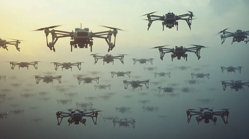 A massive swarm of military drones flying through a misty sky, symbolizing the rise of autonomous aerial warfare and surveillance technology A massive swarm of military drones flying through a misty sky, symbolizing the rise of autonomous aerial warfare and surveillance technology