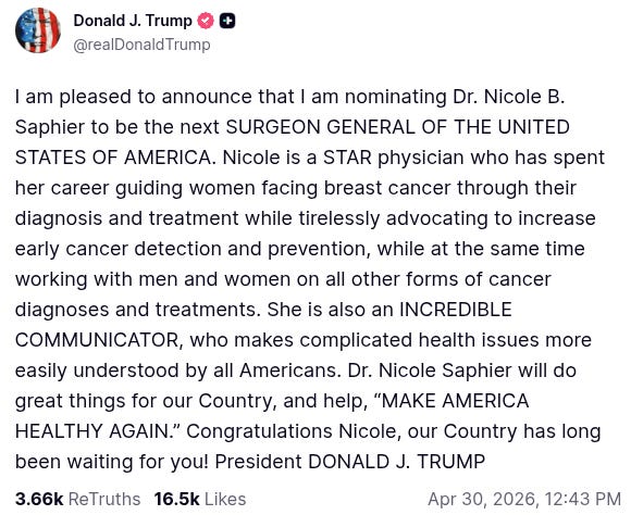 Trump’s New Pick for Surgeon General Opposed COVID Vaccine Mandates, Especially for Kids