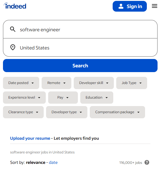 screenshot from Indeed.com showing that "software engineer" yields 116,000+ job results