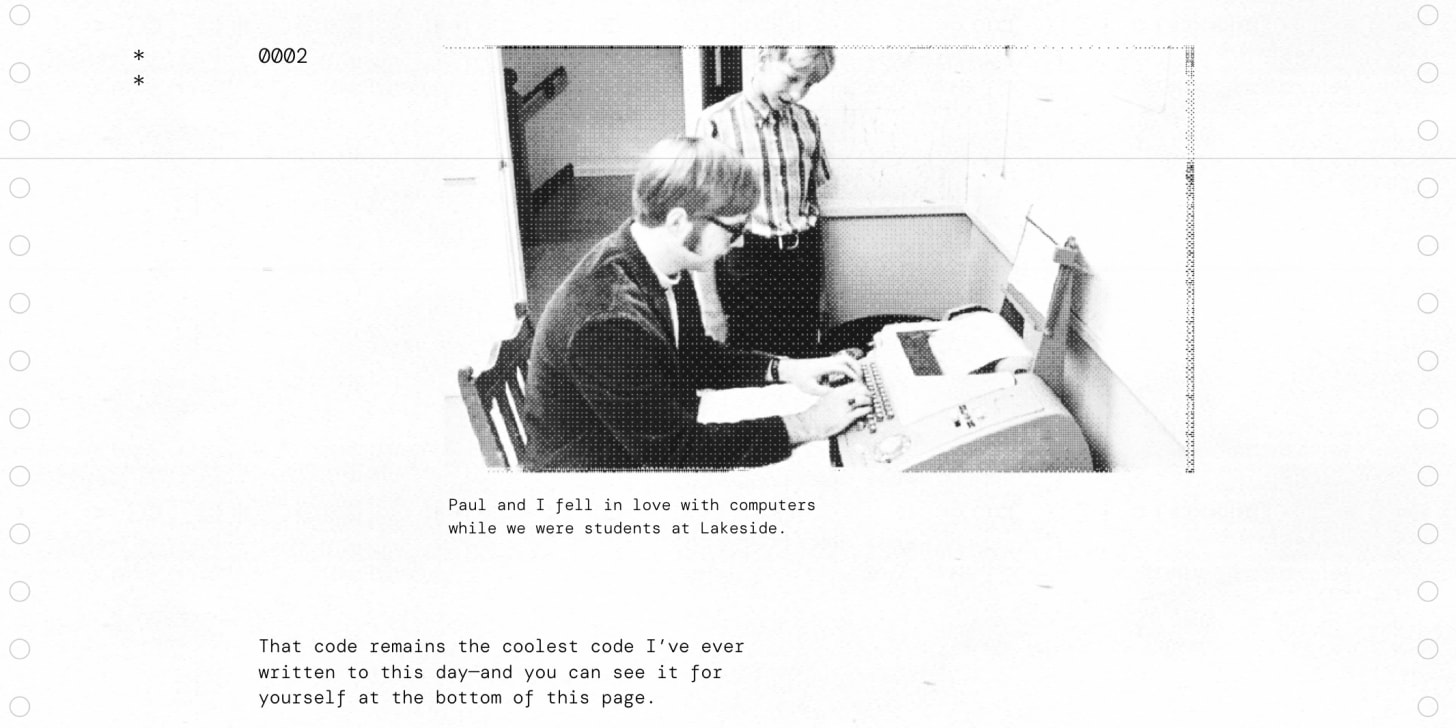 More from Gates's website including an image of him and Paul Allen at a teletype terminal More from Gates's website including an image of him and Paul Allen at a teletype terminal