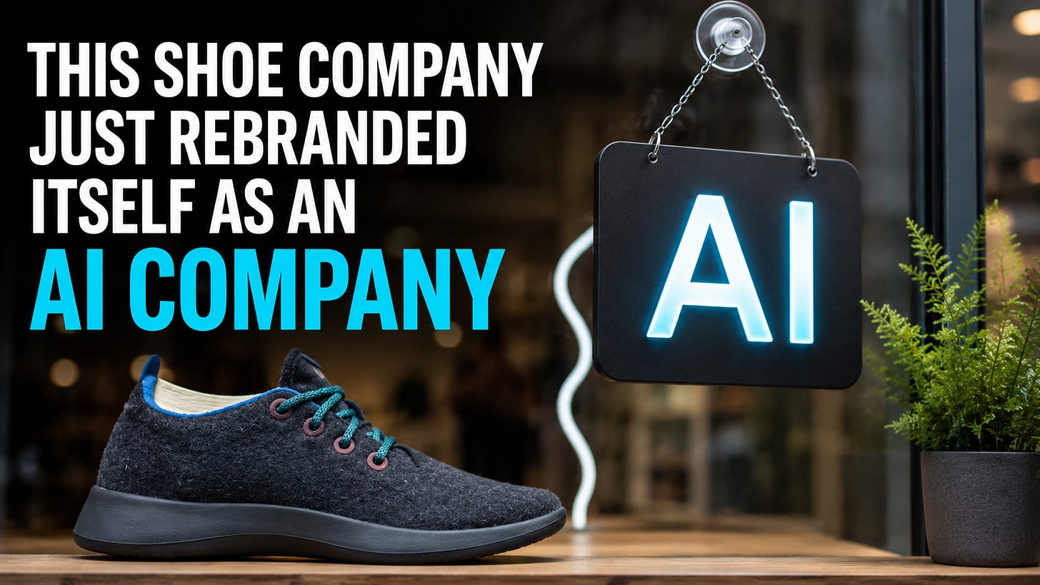An Allbirds wool sneaker displayed in a storefront window beside a glowing AI sign, with a headline highlighting the company's transformation from footwear brand to AI company.