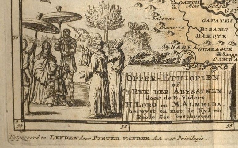 Africa 1707 Lobo (cropped) - Artwork showing Prester John of Abyssinia with indigenous men, a unicorn, a self-sacrificing pelican.jpg