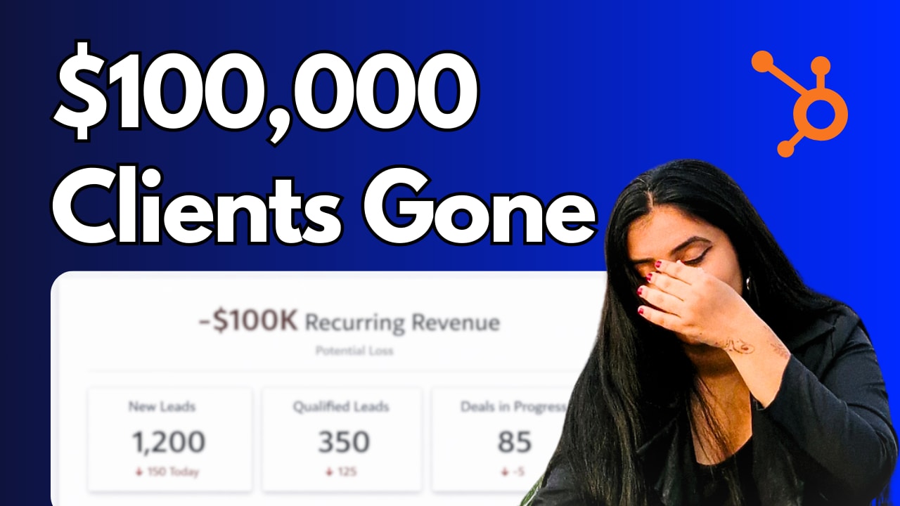 Manisha Chauhan reacting to $100,000 in lost recurring revenue from B2B client churn shown on a HubSpot dashboard