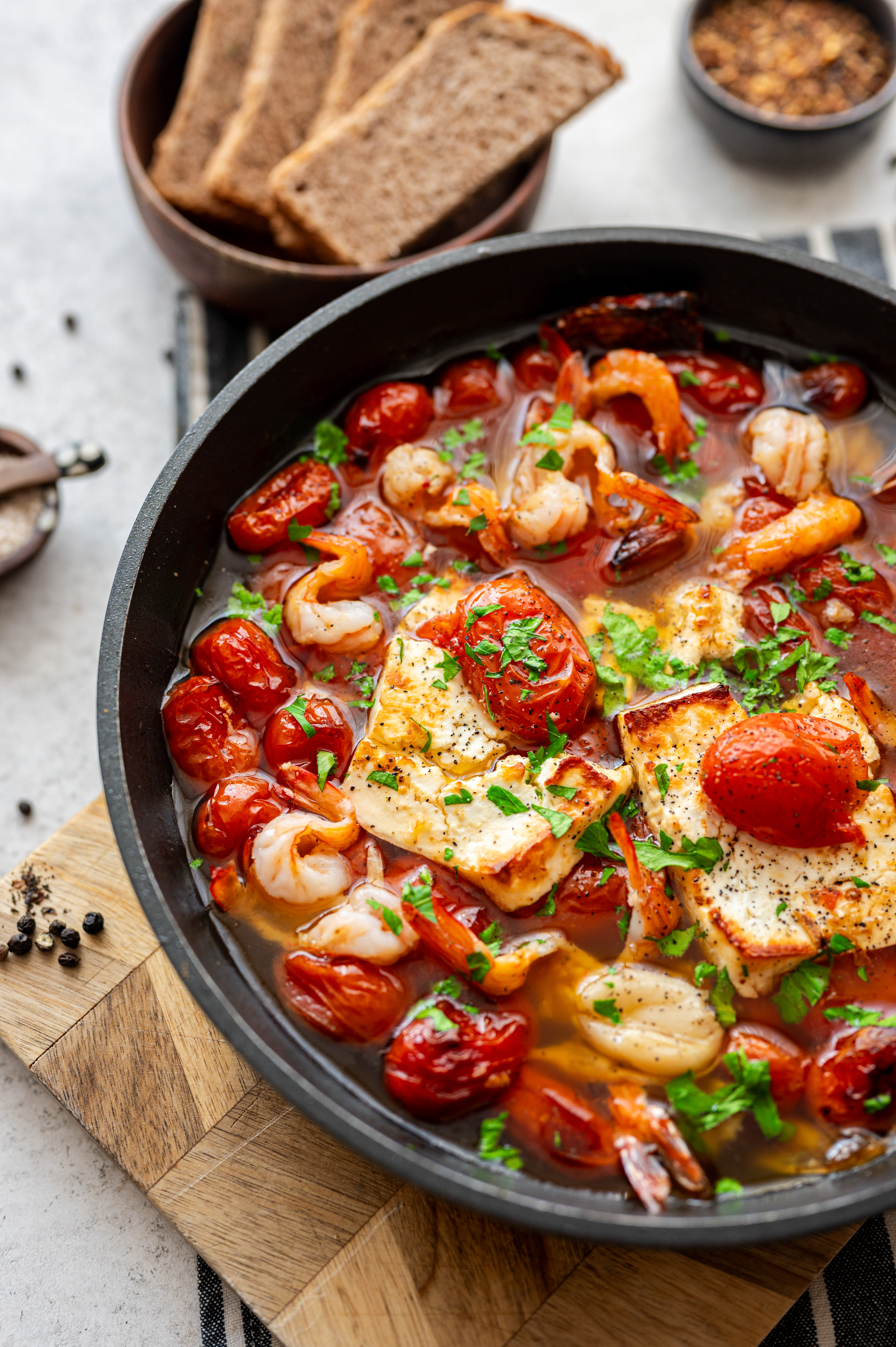 one-pan smoky shrimp saganaki with tomatoes + melty feta