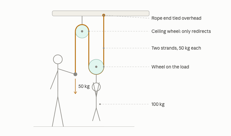 Pulley diagram: person lifts 100 kg load using 50 kg force.