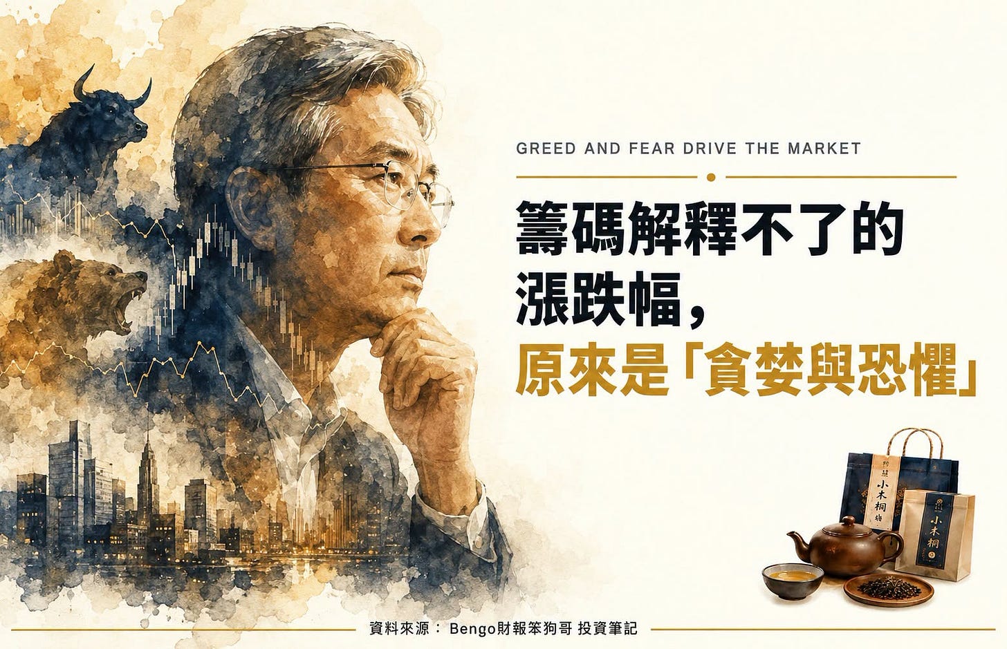 可能是顯示的文字是「 GREED GREEDANDFEARDRIVETHEMARKET AND FEAR DRIVE THE MARKET 籌碼解釋不了的 漲跌幅， 原來是「貪婪與恐懼」 原來是 N 2 小 木 岡 資料來源 資料來源：Bengo財報笨狗哥投資筆記 Bengo Bengo財報本狗哥 報笨狗哥 投資筆記」的圖像