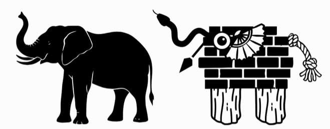 Illustration of disconnected parts—bricks, rope, fan blades—failing to add up to a whole, representing fragmented leadership advice