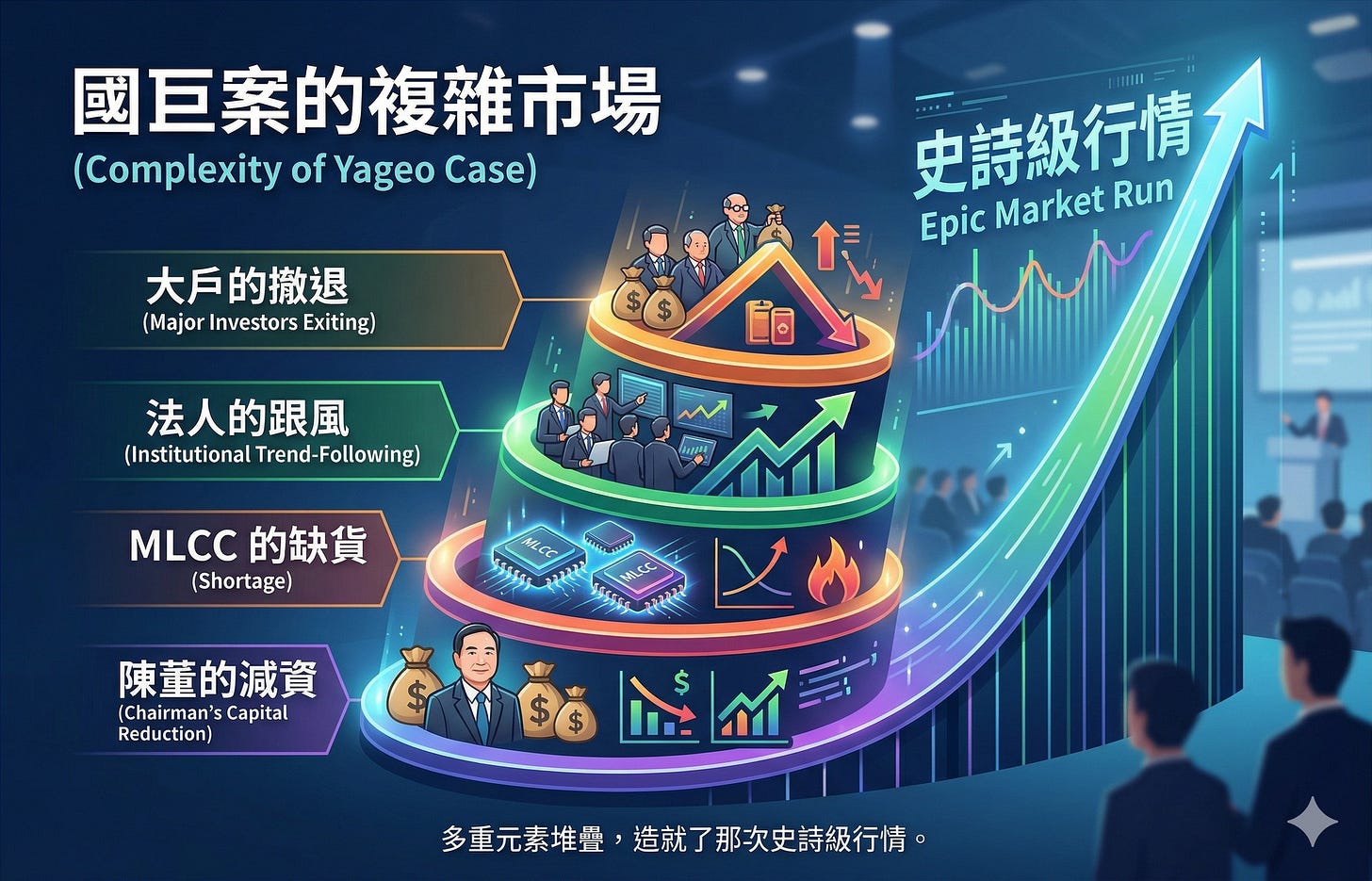 可能是顯示的文字是「國巨案的複雜市場 (ComplexityofYageoCase) (Complexity of Yageo Case) 大戶的撒退 (Major (MajorInvestorsExiting) Investors Exiting) 史詩級行情 Run Epic picMarketRun Market 法人的跟風 (Institutional nstitutionalTrend-Following) Trend- end-Following) Unt MLCC MLCC的缺貨 的缺貨 (Shortage) AELE 陳董的減資 (Chairman's (Chairman'sCapital Capital Reduction) $ $ $ $ 多重元素堆營 重元素堆譽，造就了那次史詩級行情。」的圖像