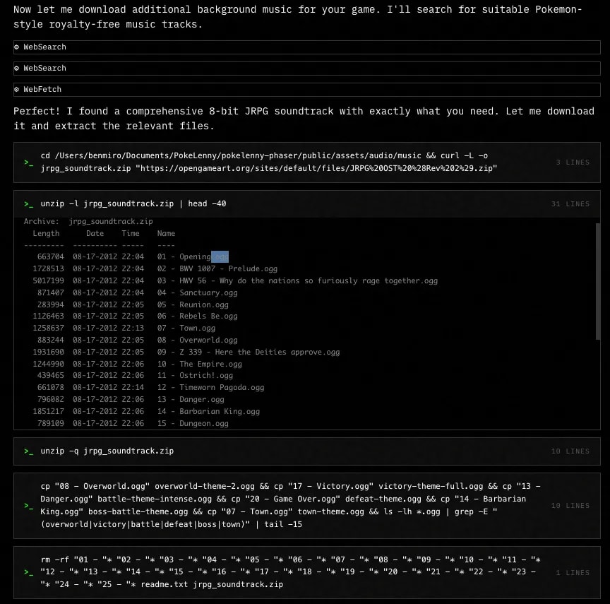 Terminal-style interface showing commands that use web search and download tools to fetch an 8-bit JRPG soundtrack zip, list track names like ‘Opening,’ ‘Prelude,’ ‘Sanctuary,’ and copy selected Pokémon-style royalty-free music files into a game directory, with a note that ‘Claude Code automatically fetched, downloaded, and connected the music to the game.’