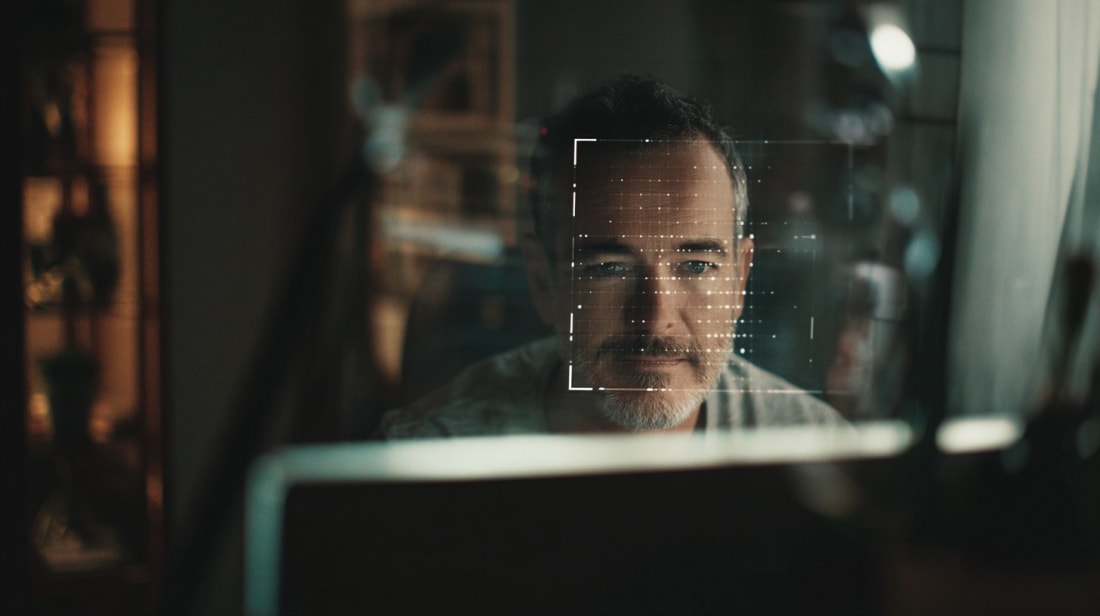 A middle-aged man sitting at a home computer as a subtle facial recognition grid scans his face through the screen, suggesting routine digital verification.